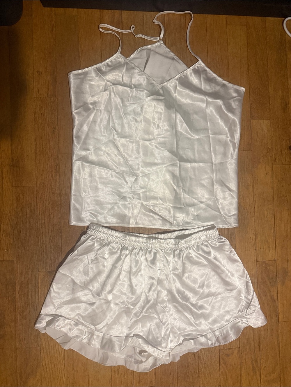 Bridal Silky White Satin Camisole & Ruffle Short Sleep Set